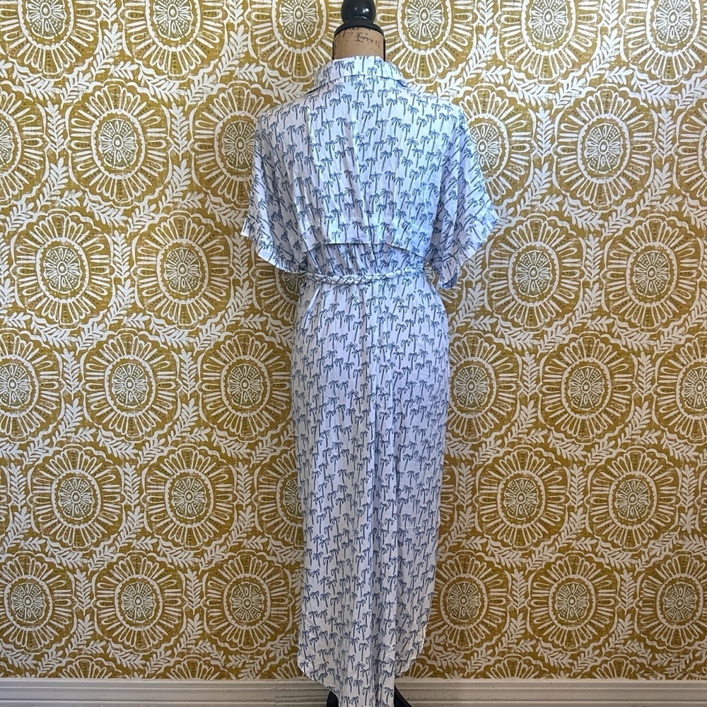 Skemo Palmerita Palm Print Short Sleeve Tie Waist Shirt Midi Dress White/Navy M - Picture 11 of 14